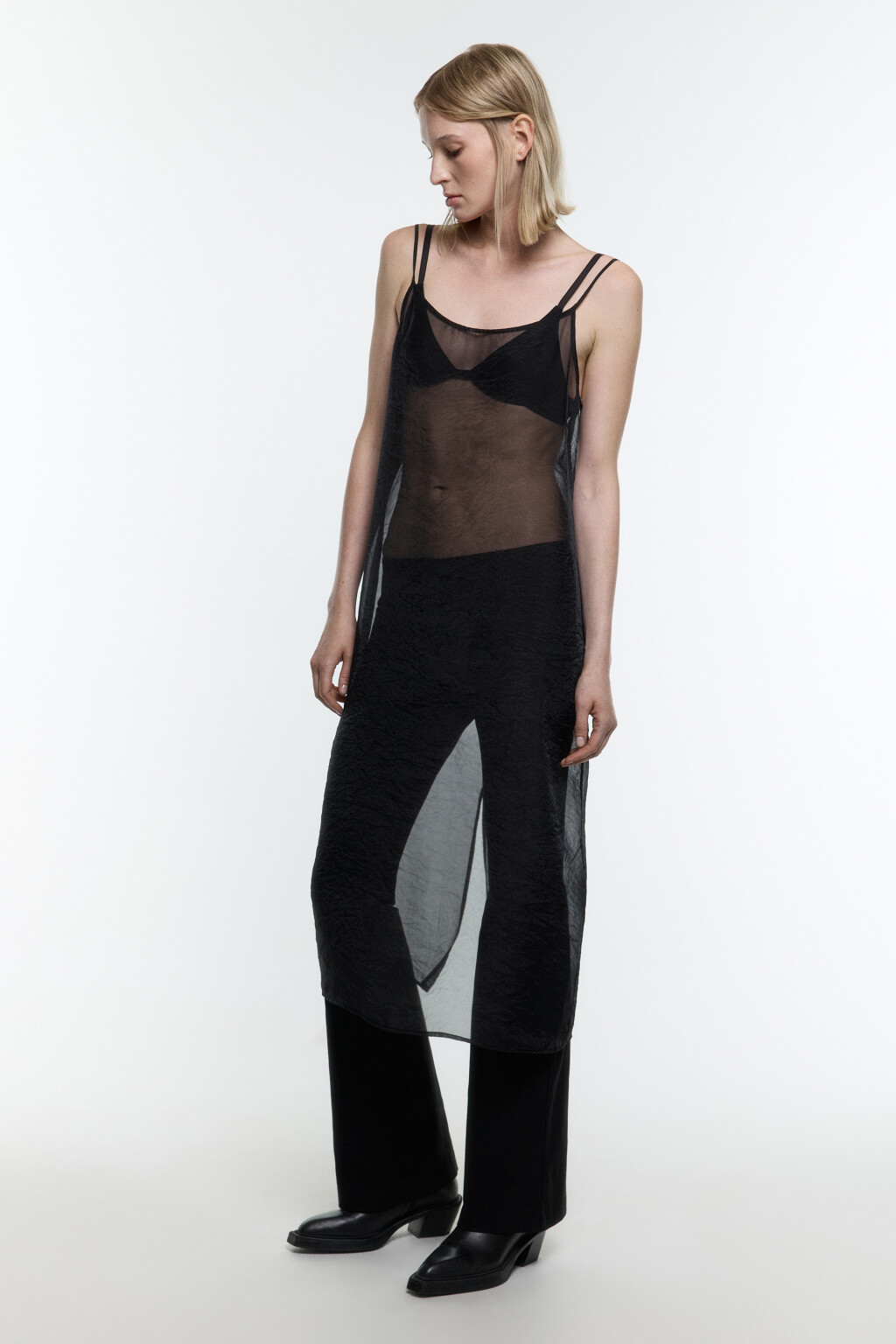 Платье миди прозрачное на тонких бретельках - цвет черный - 4