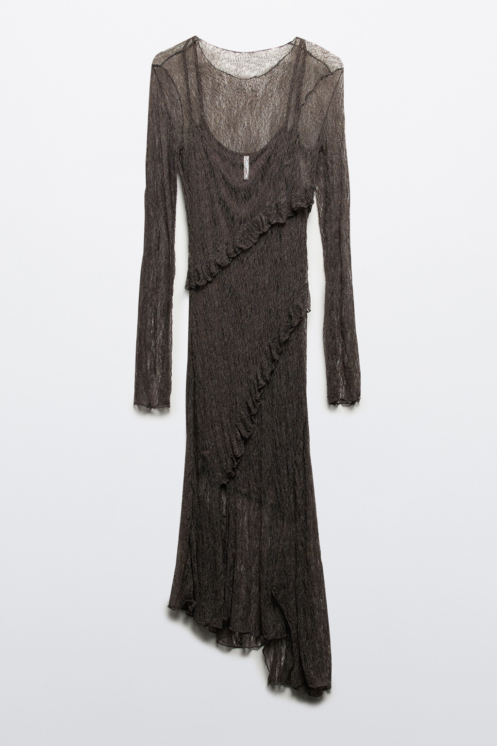 Платье миди кружевное с асимметричными воланами - цвет коричневый - 9