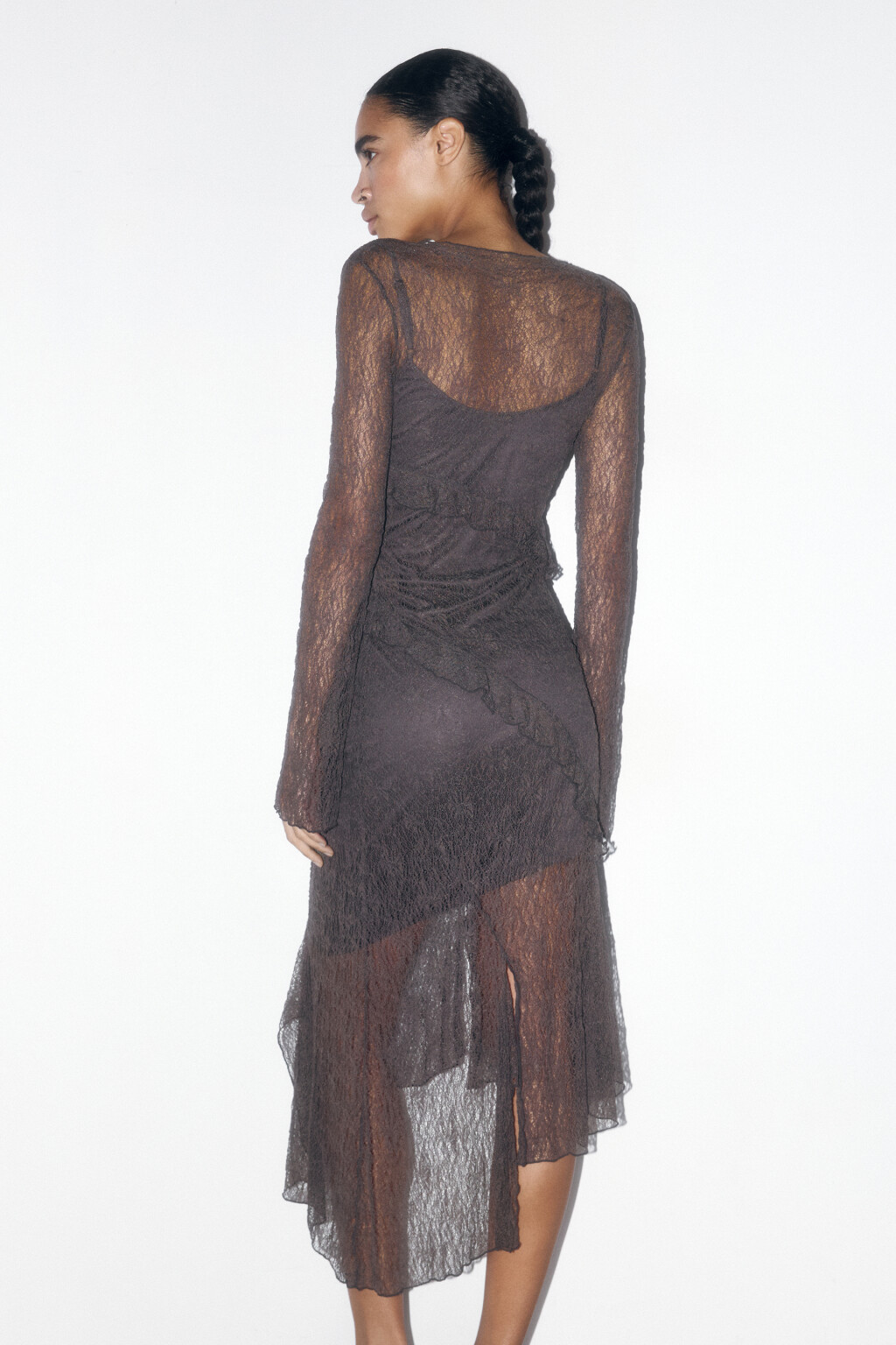 Платье миди кружевное с асимметричными воланами - цвет коричневый - 4
