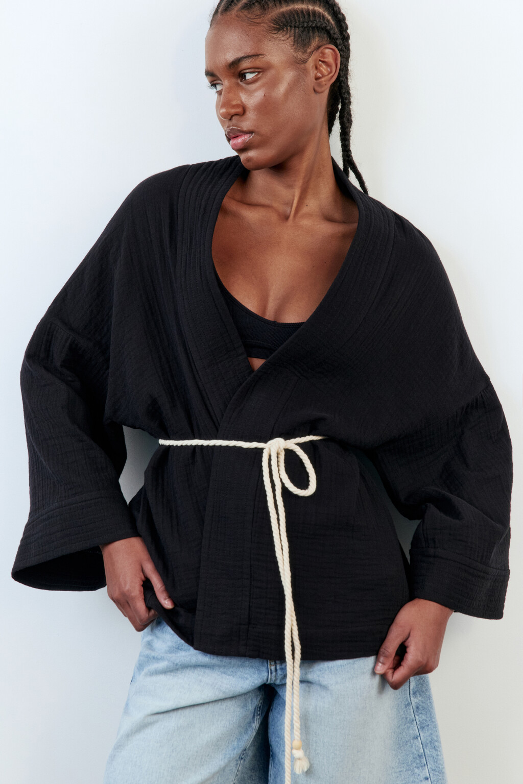 Блузка-кимоно хлопковая с поясом-шнурком - цвет черный - 1