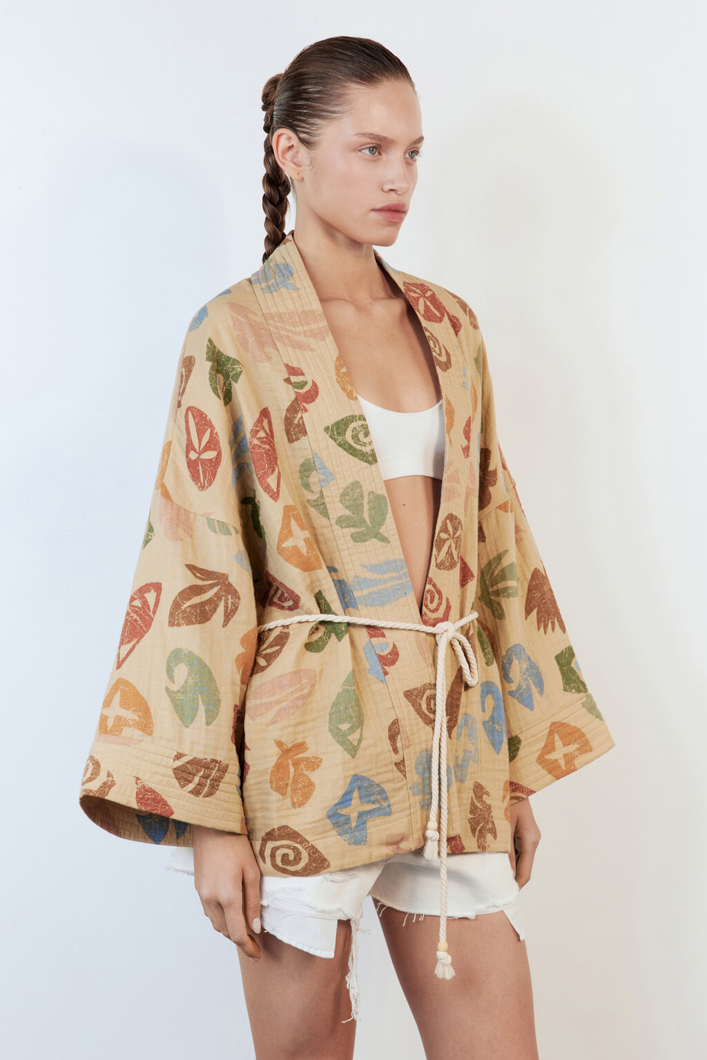 Блузка-кимоно хлопковая с поясом-шнурком - цвет мультиколор - 4