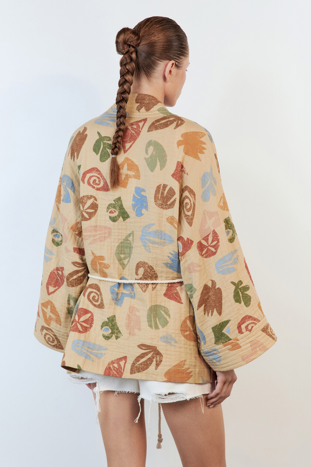 Блузка-кимоно хлопковая с поясом-шнурком - цвет мультиколор - 5