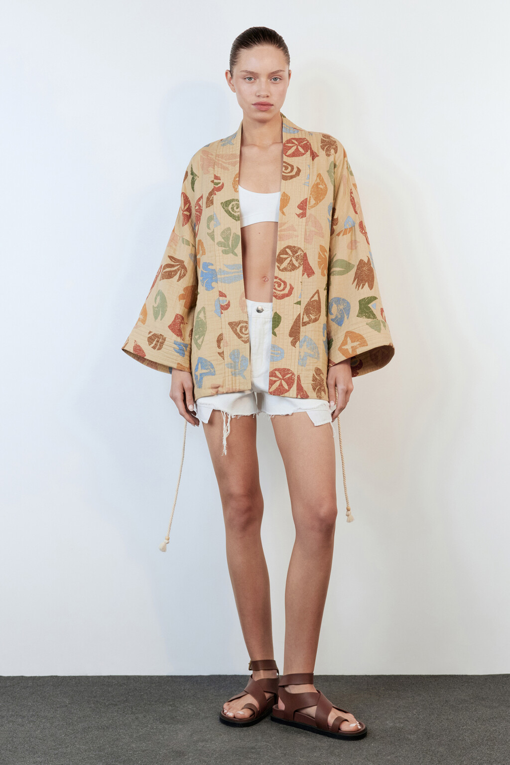 Блузка-кимоно хлопковая с поясом-шнурком - цвет мультиколор - 6