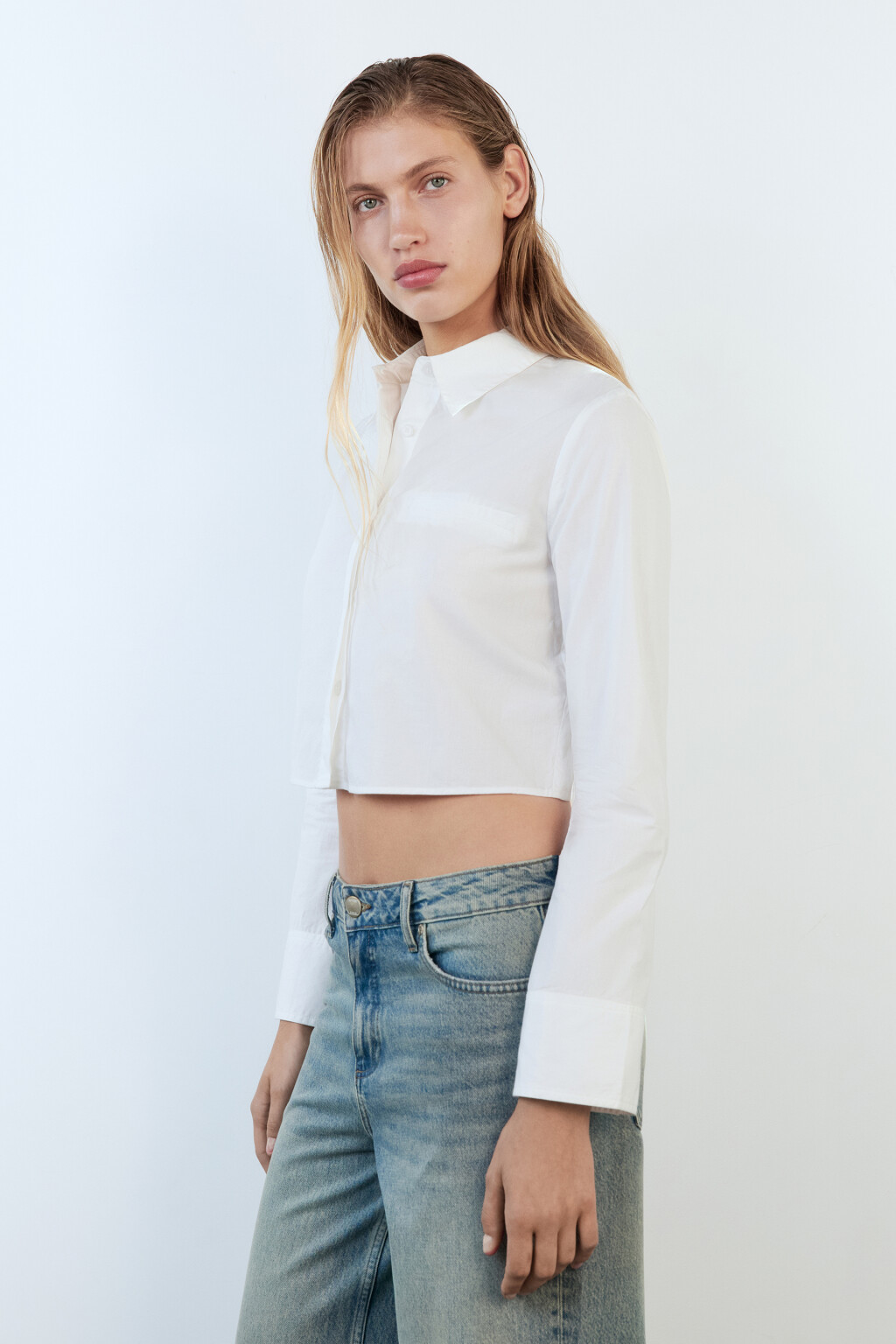 Блузка-рубашка укороченная из хлопка - цвет белый - 3