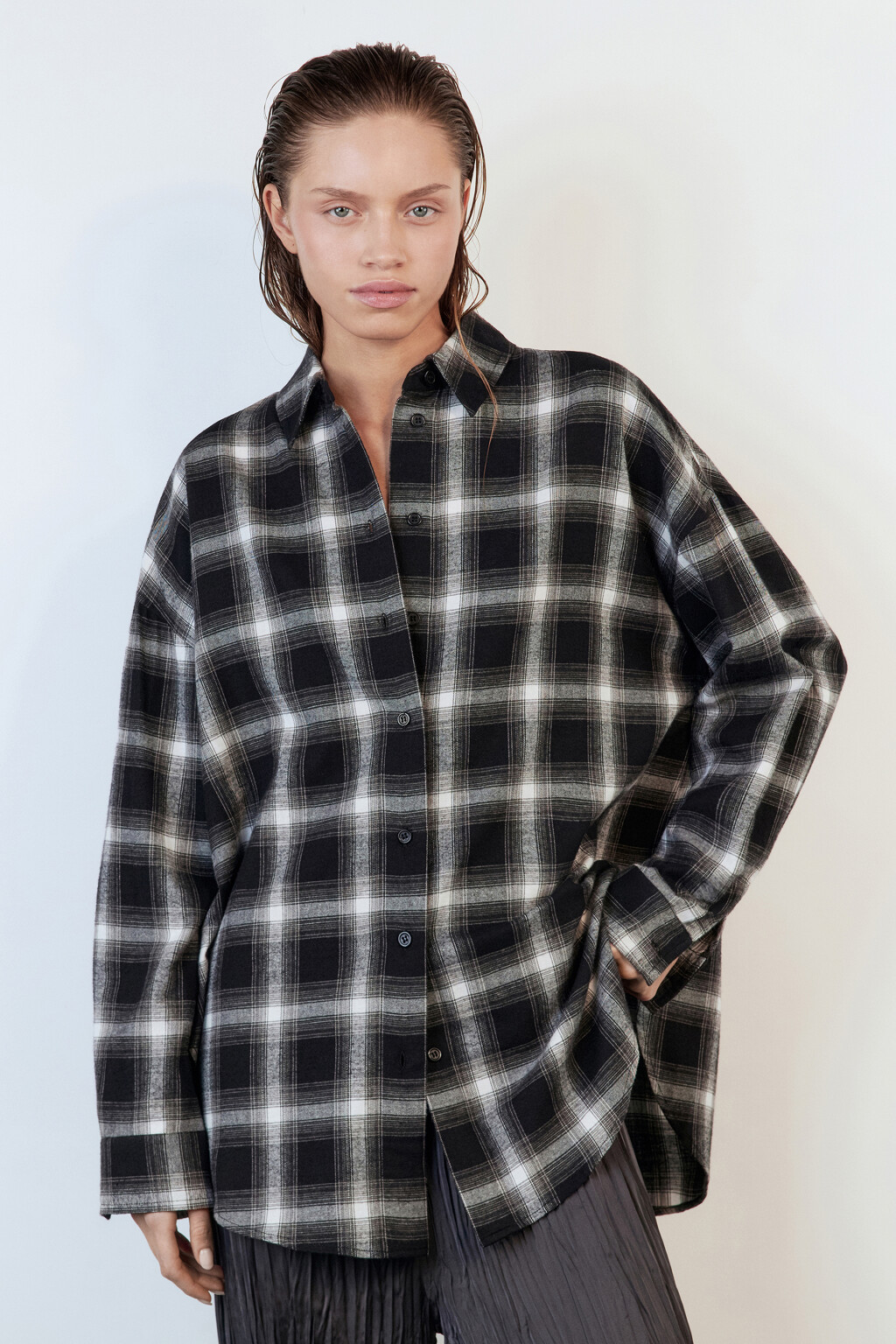 Рубашка oversize хлопковая в клетку - цвет черный - 2
