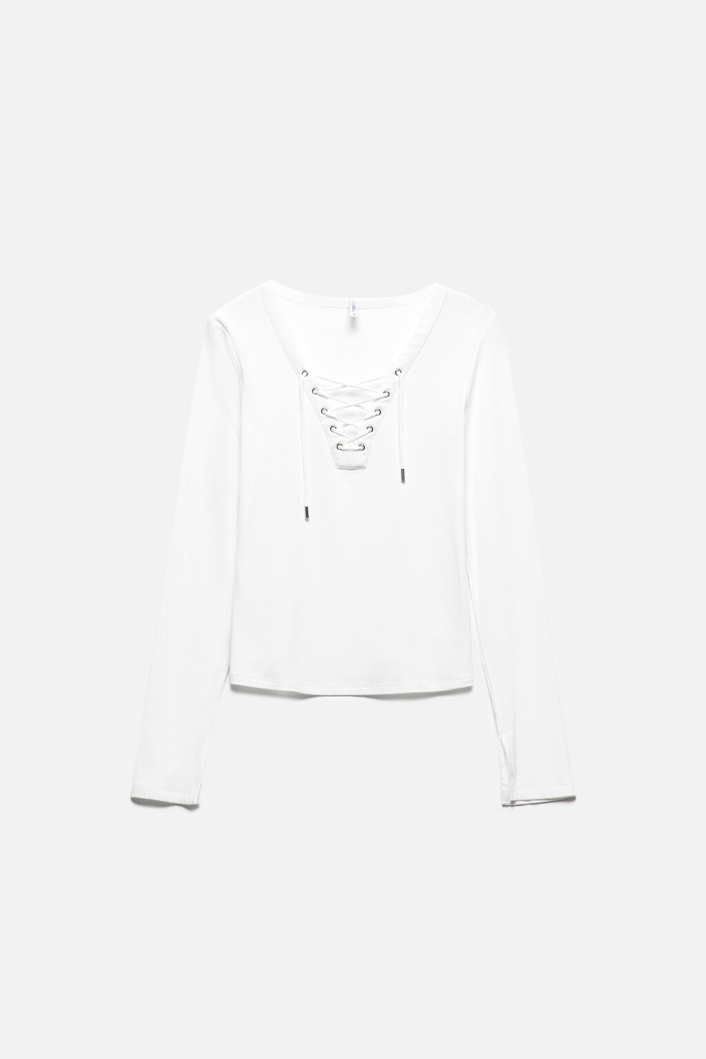 Лонгслив в рубчик с V-вырезом и шнуровкой - цвет белый - 8