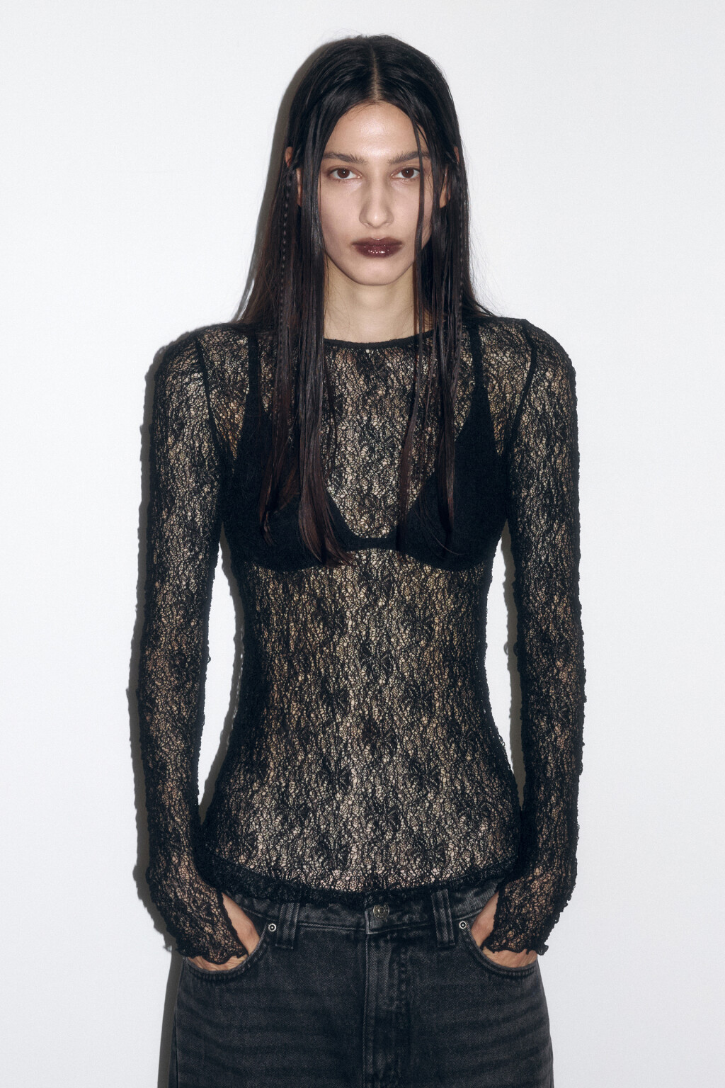 Лонгслив облегающий из кружева - цвет черный - 2