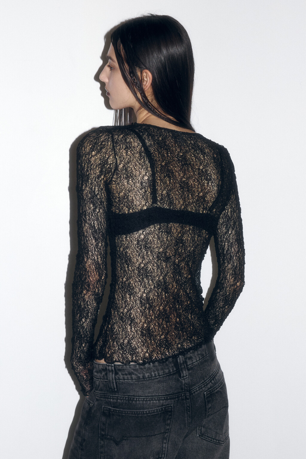 Лонгслив облегающий из кружева - цвет черный - 4