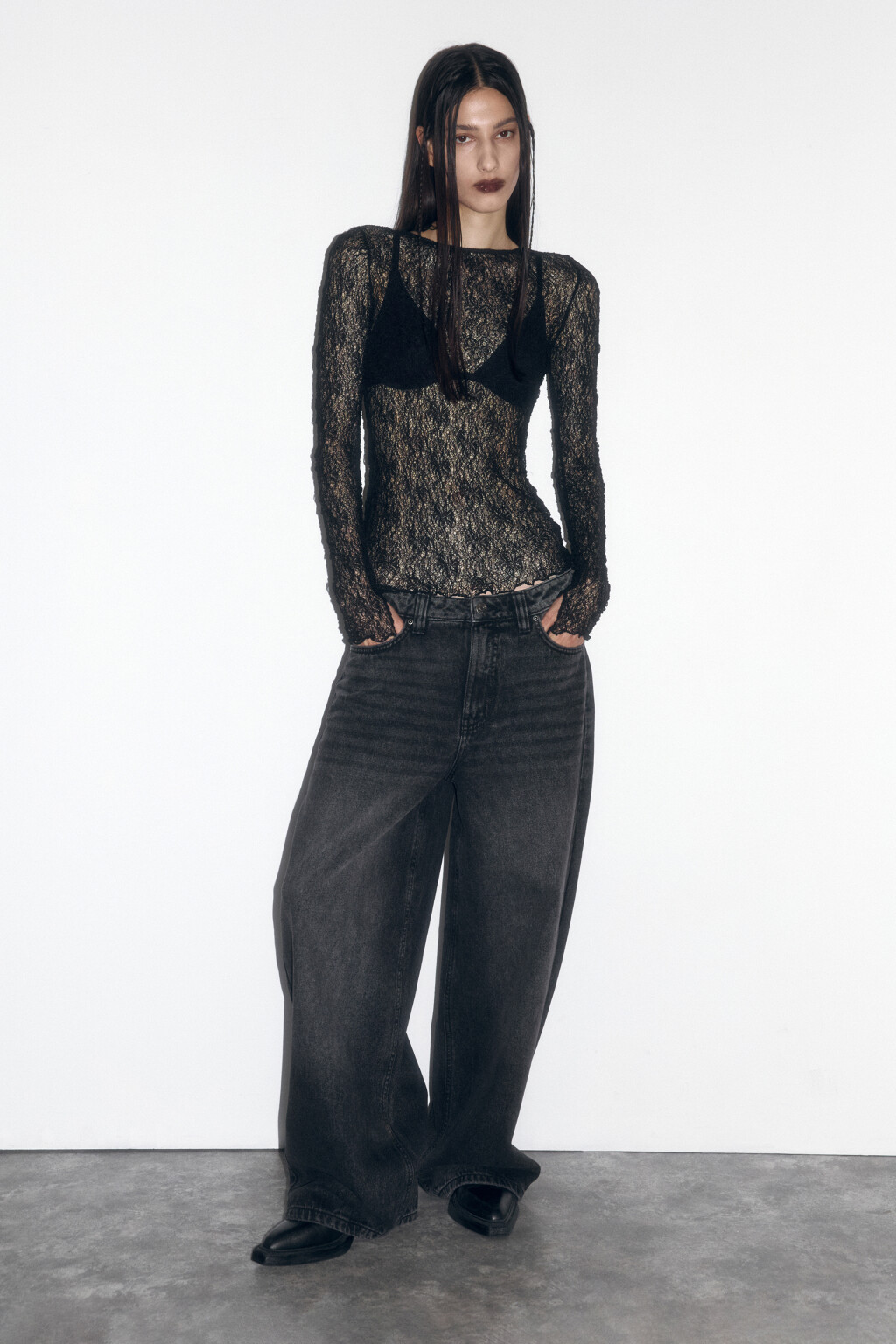 Лонгслив облегающий из кружева - цвет черный - 5