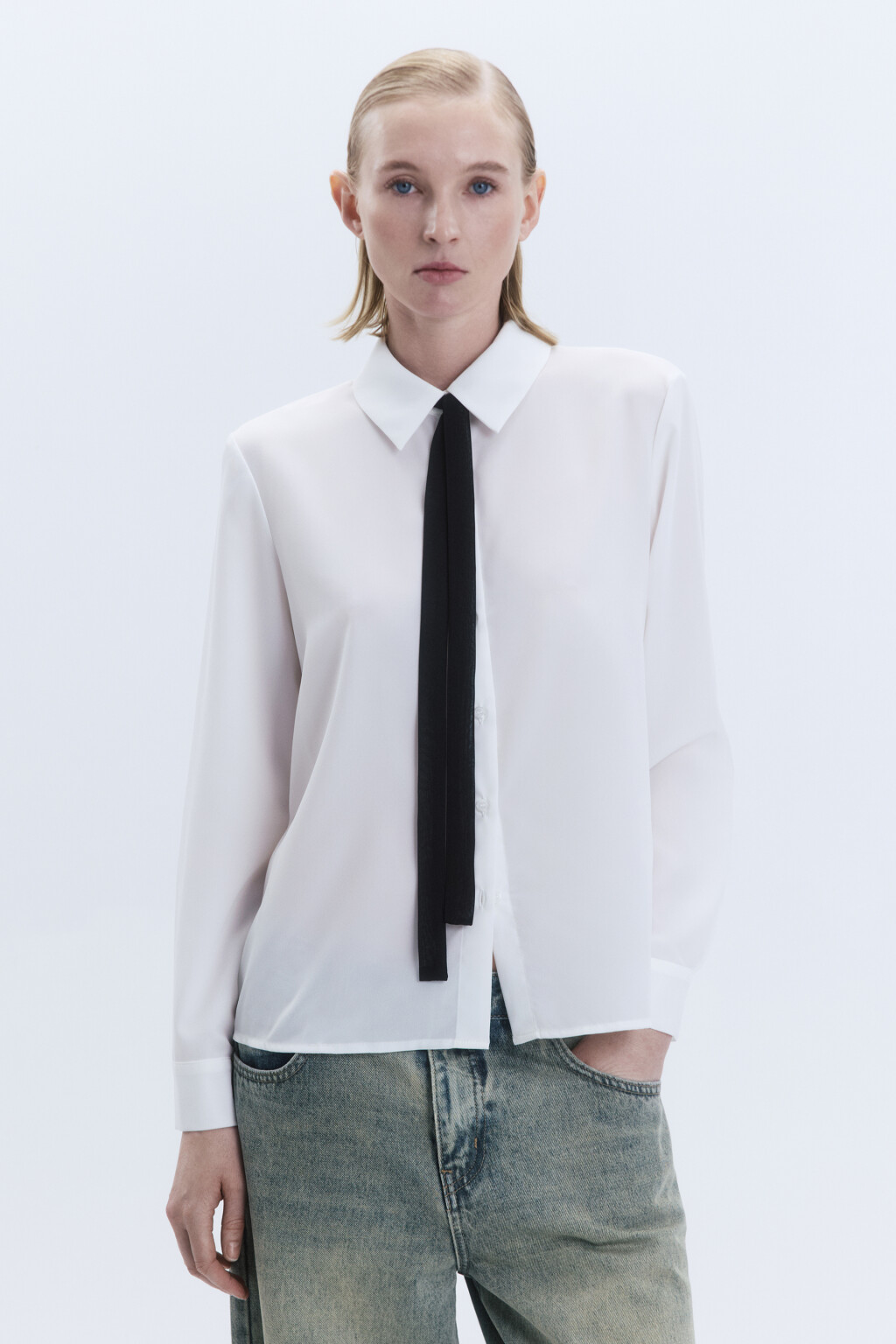 Блузка с длинными рукавами и галстуком - цвет белый - 3