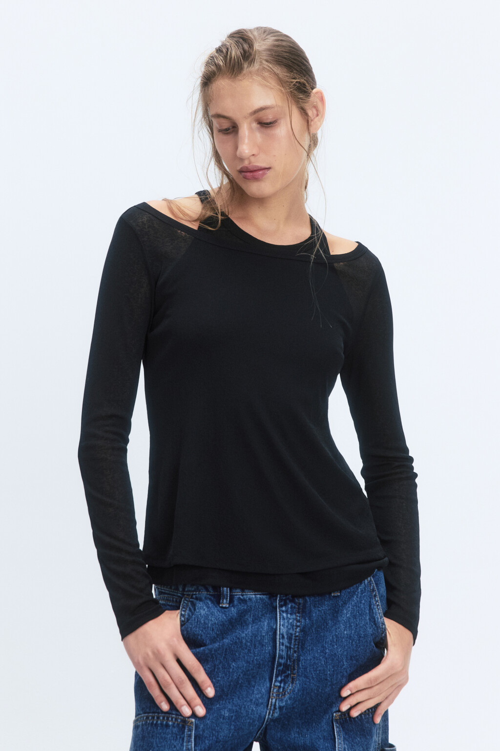 Лонгслив полуприлегающий с подкладкой-майкой - цвет черный - 1
