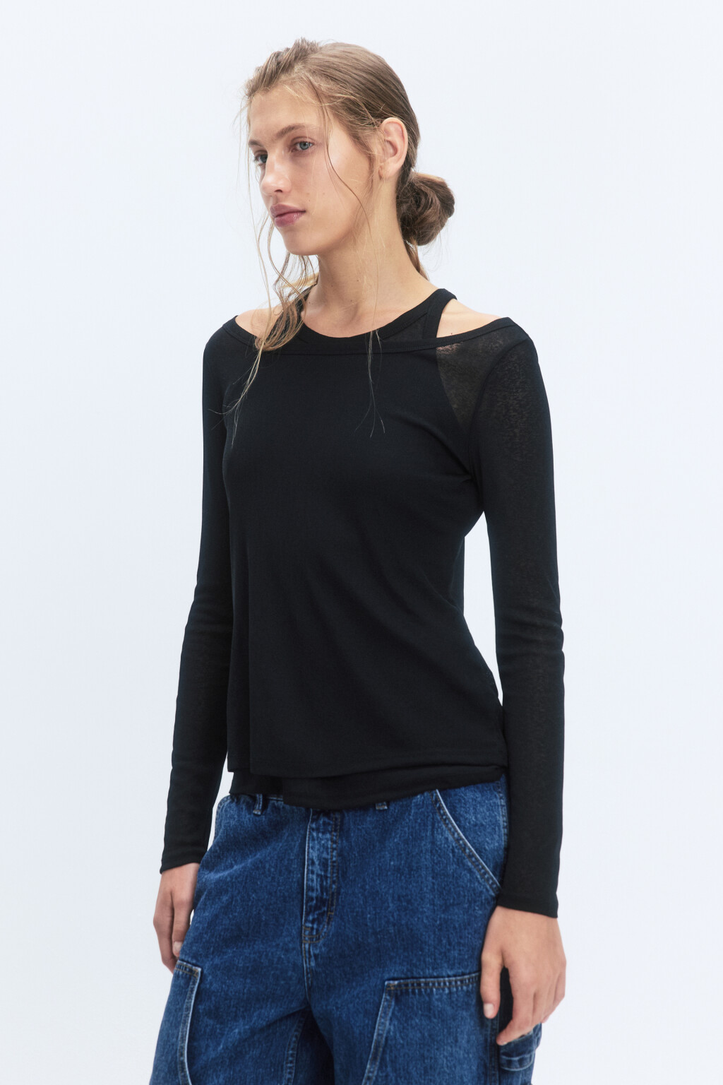 Лонгслив полуприлегающий с подкладкой-майкой - цвет черный - 2