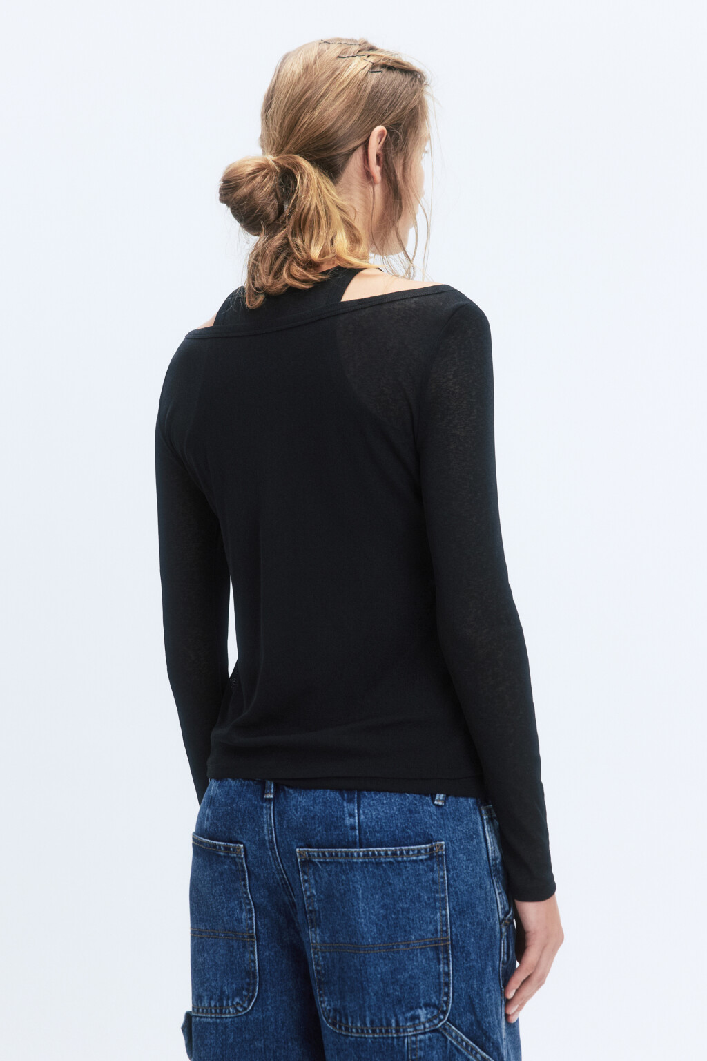 Лонгслив полуприлегающий с подкладкой-майкой - цвет черный - 3