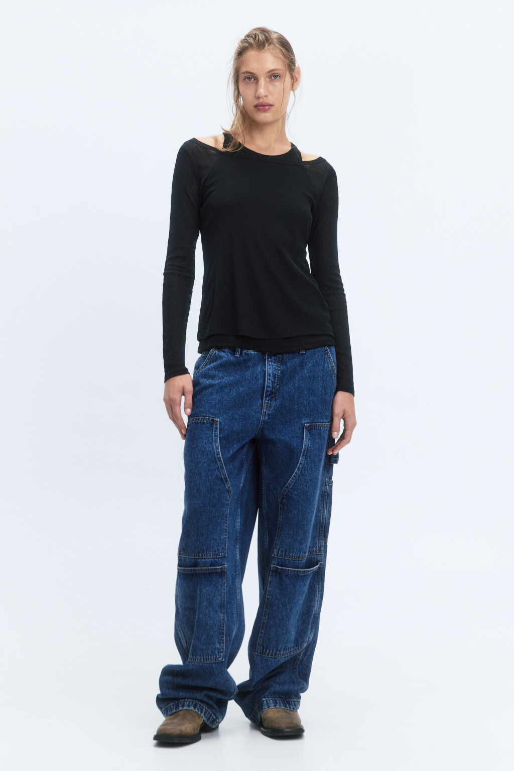 Лонгслив полуприлегающий с подкладкой-майкой - цвет черный - 4