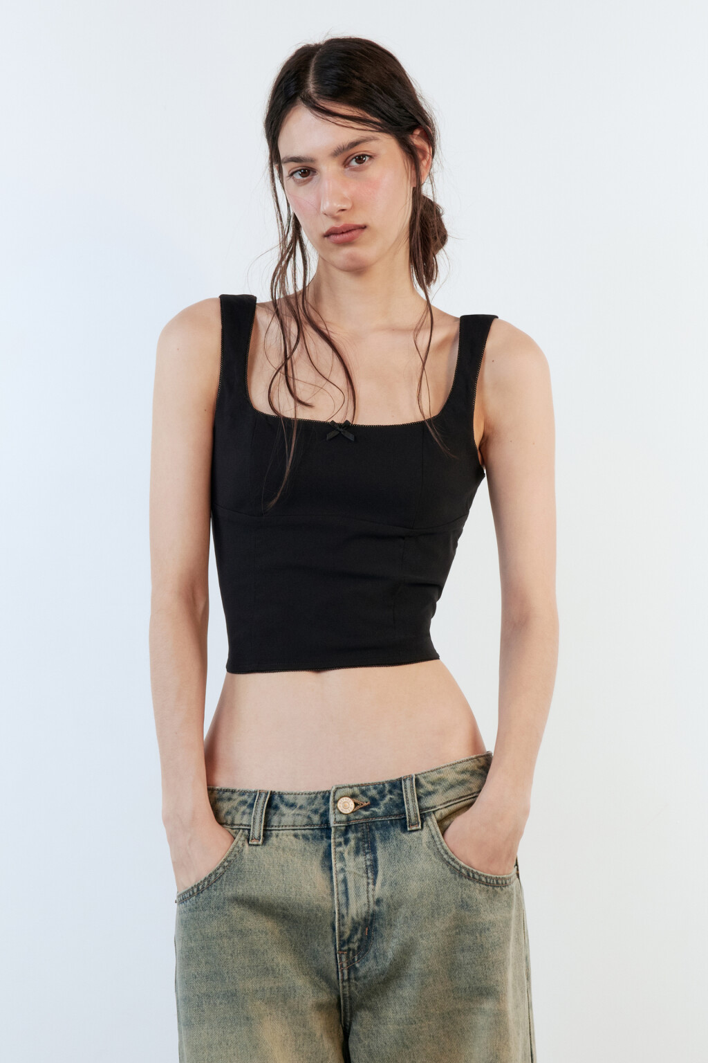 Топ-корсет облегающий с кружевом и бантиком - цвет черный - 3