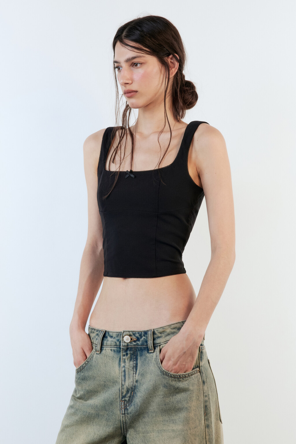 Топ-корсет облегающий с кружевом и бантиком - цвет черный - 4