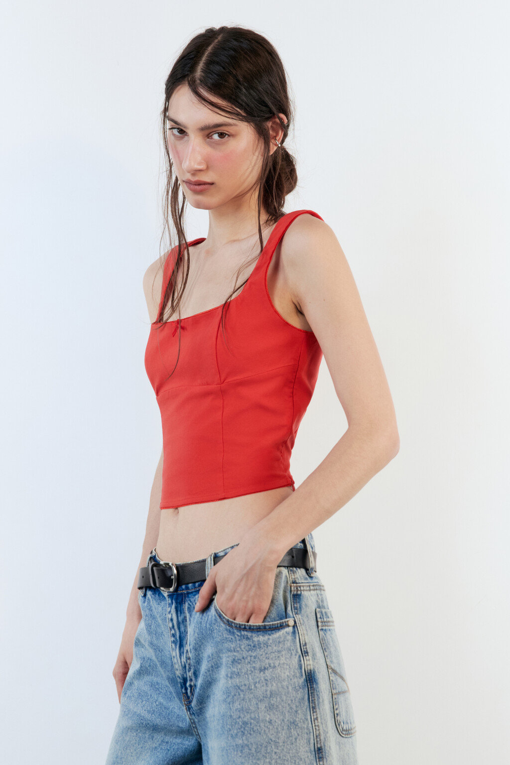 Топ-корсет облегающий с кружевом и бантиком - цвет красный - 4