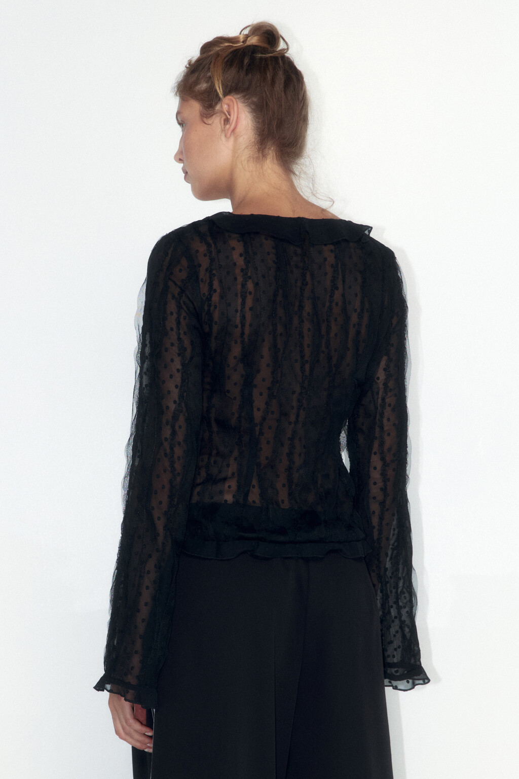 Блузка шифоновая с завязками и воланами - цвет черный - 3