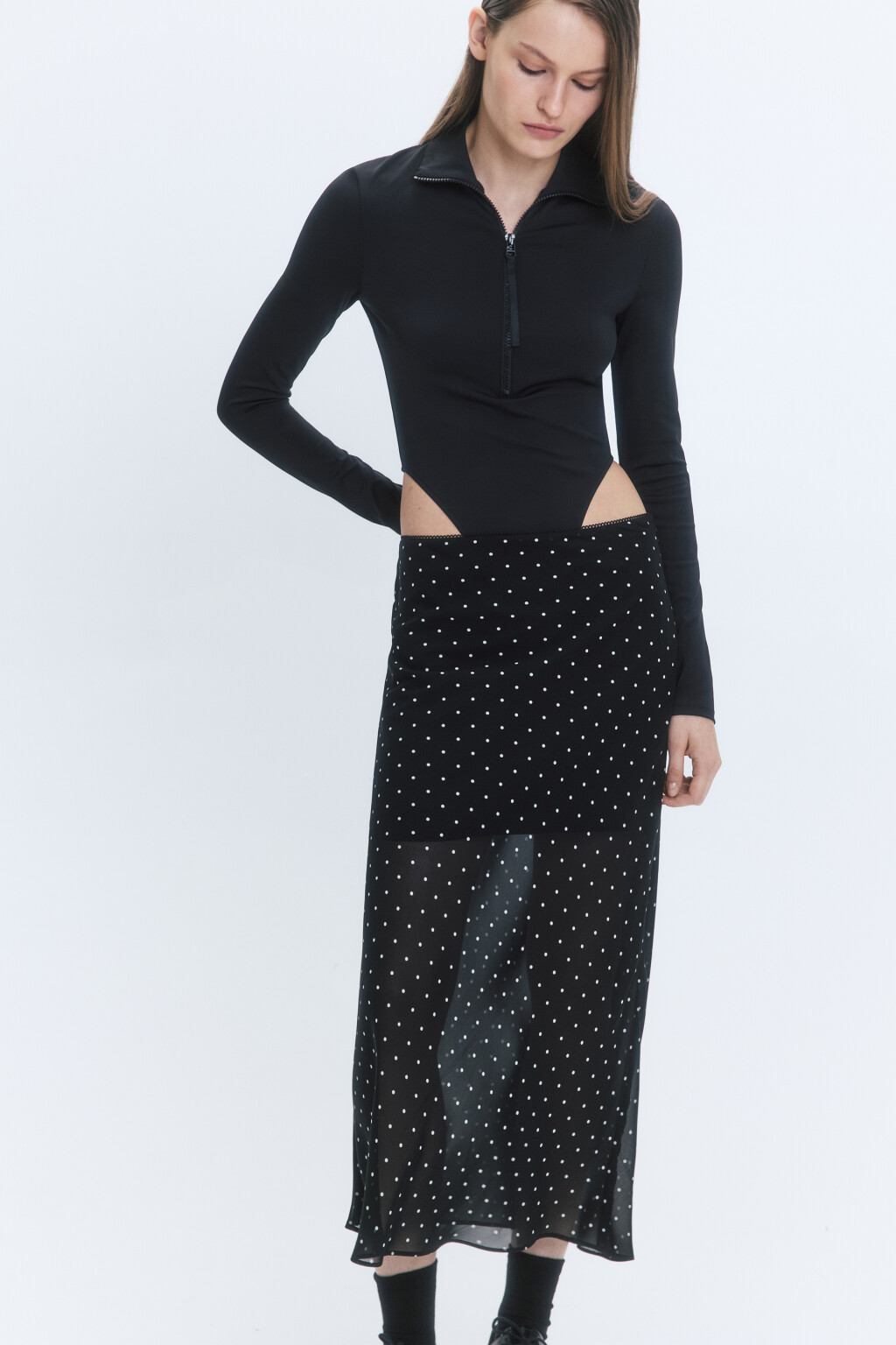 Блузка-боди с воротником-стойкой на молнии - цвет черный - 1