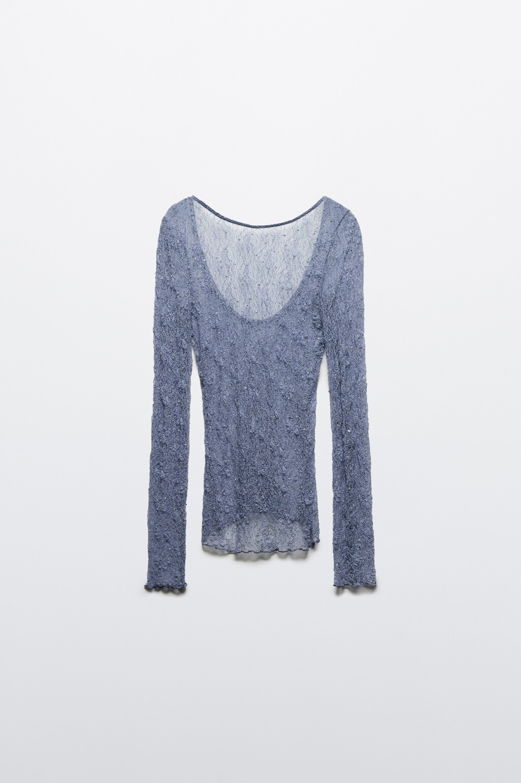 Лонгслив кружевной со стразами и вырезом на спине - цвет голубой - 8