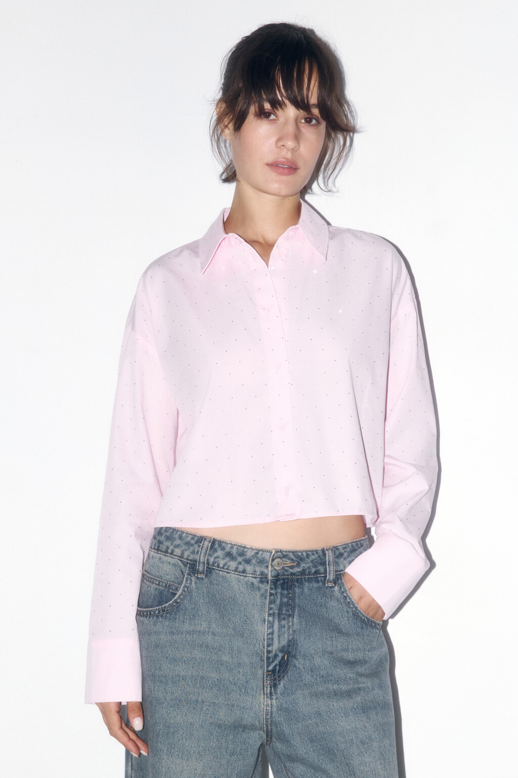 Блузка прямая с металлическими стразами - цвет розовый - 3