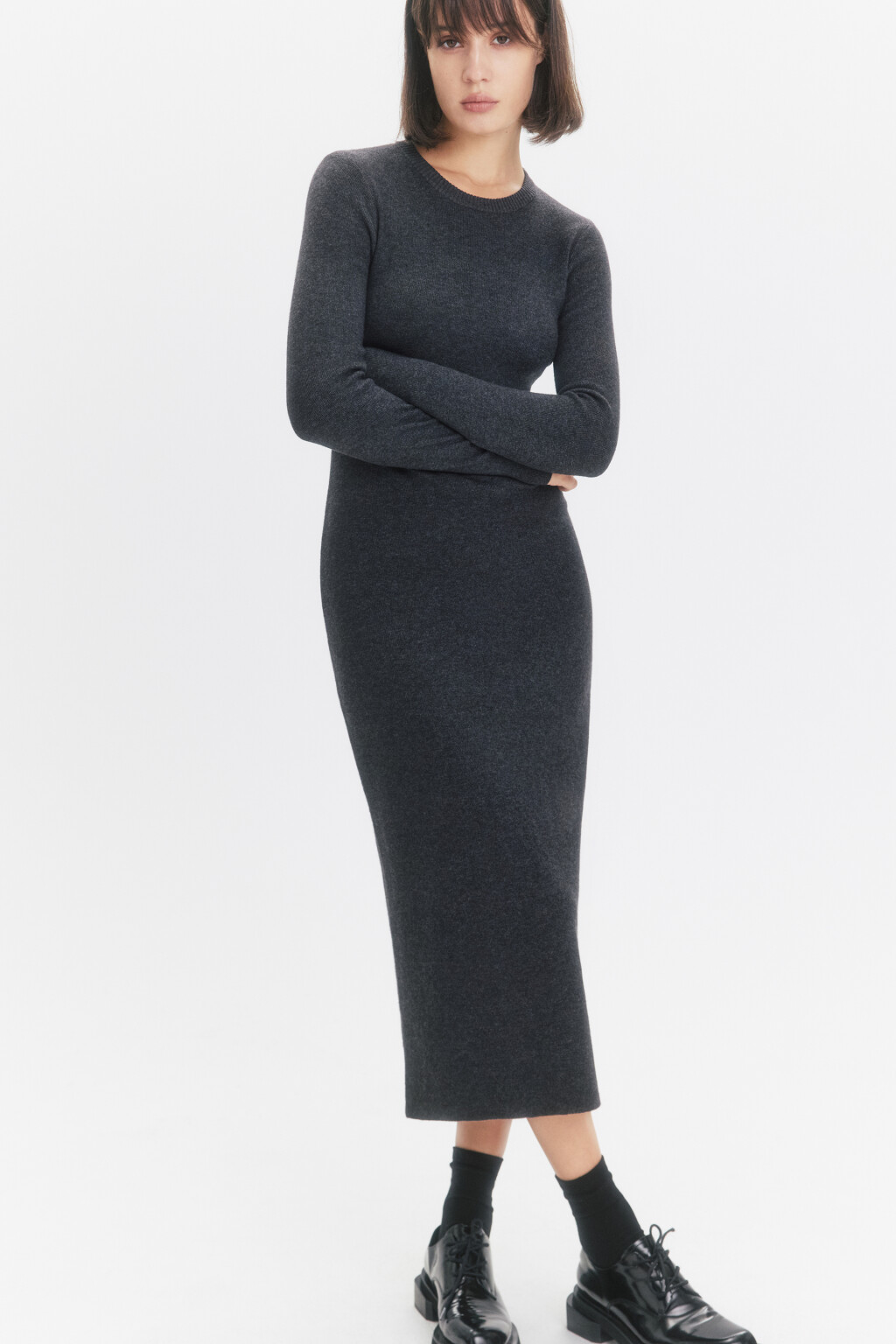 Платье миди вязаное с длинными рукавами - цвет серый - 1