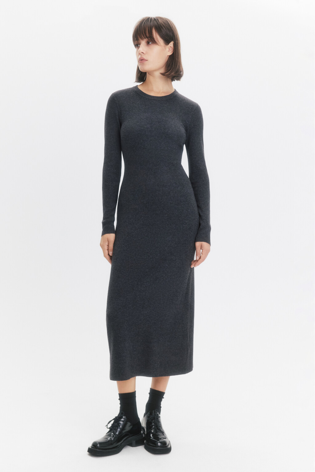 Платье миди вязаное с длинными рукавами - цвет серый - 2