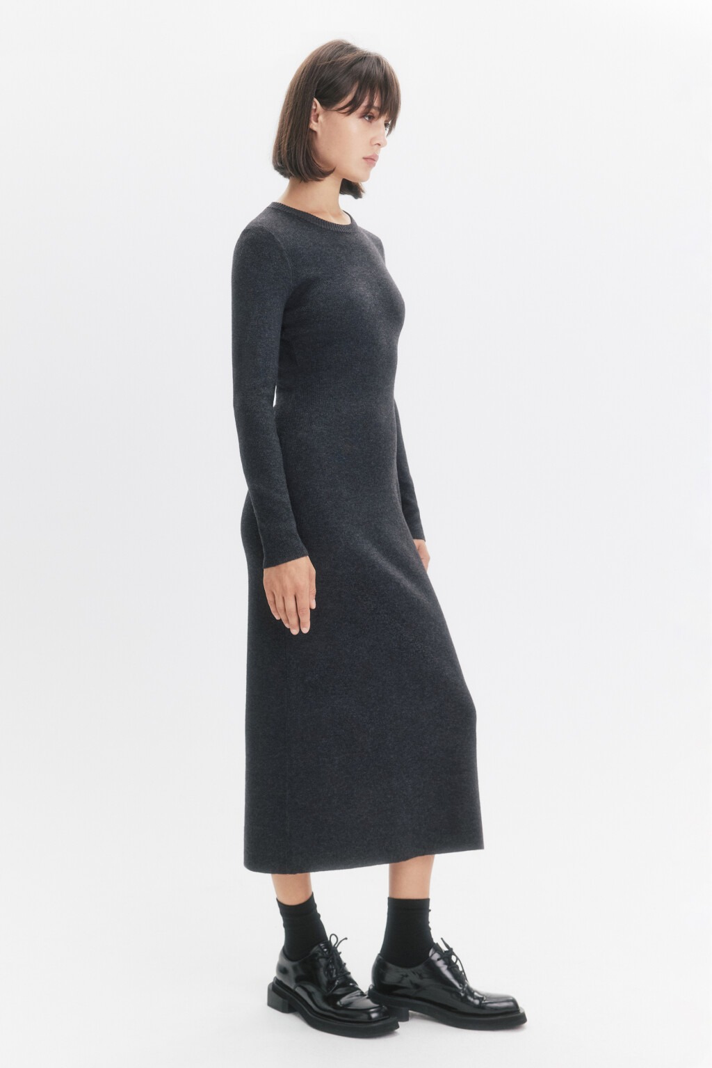 Платье миди вязаное с длинными рукавами - цвет серый - 3