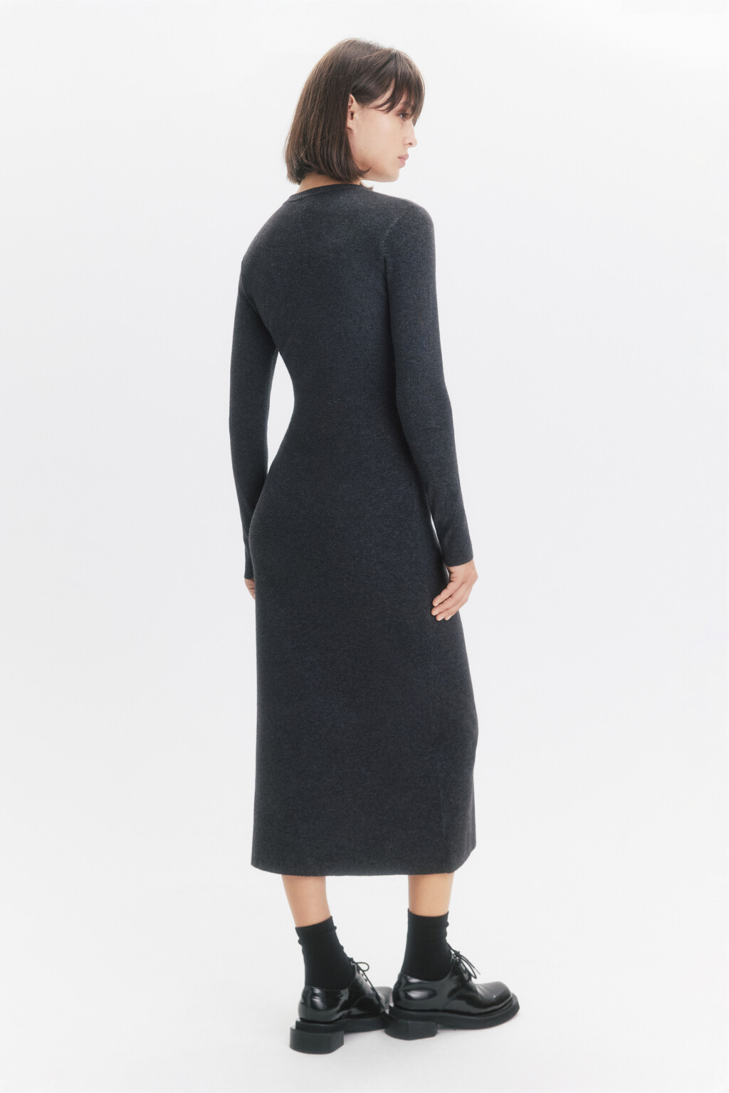 Платье миди вязаное с длинными рукавами - цвет серый - 4