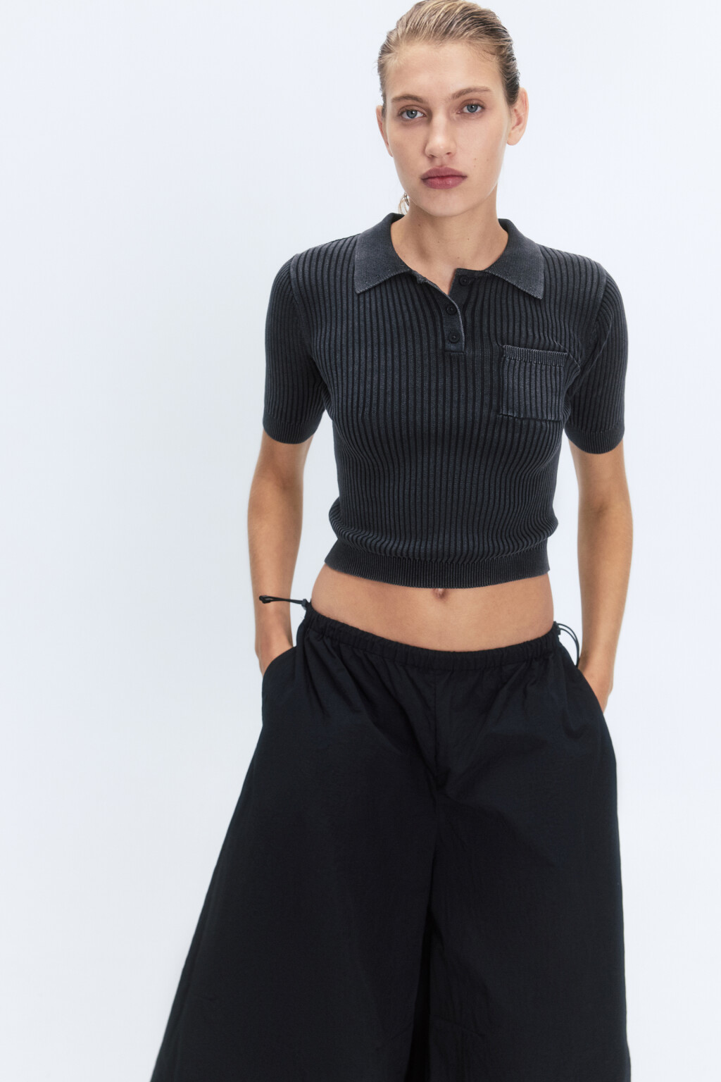 Джемпер-поло тонкой вязки в рубчик - цвет черный - 1