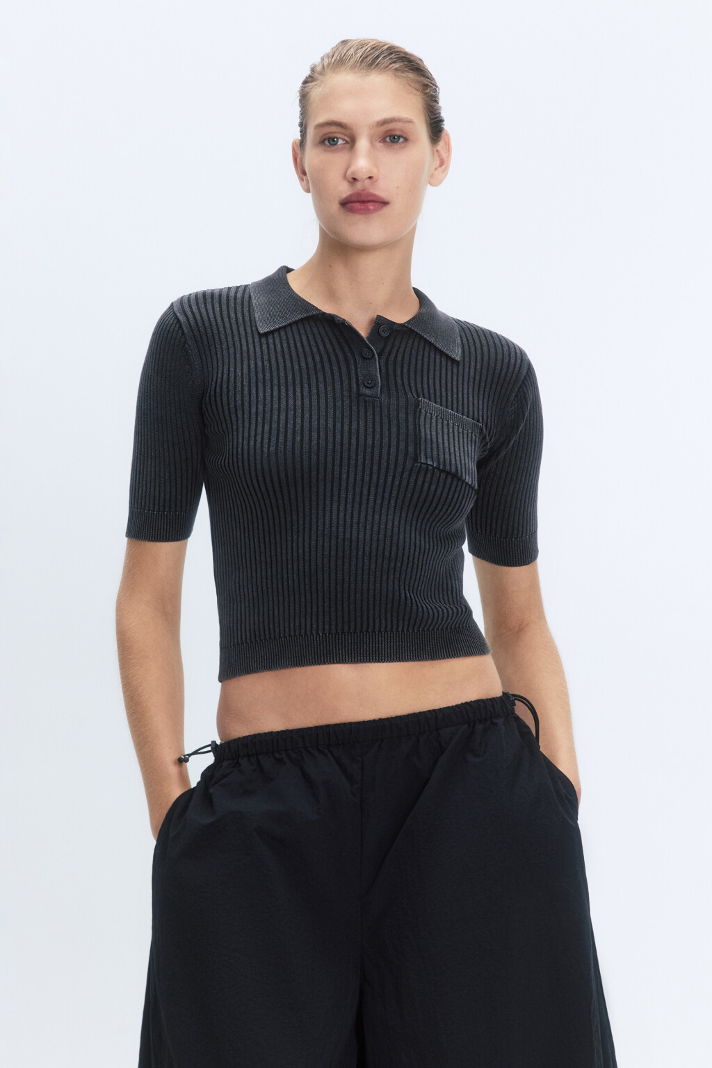 Джемпер-поло тонкой вязки в рубчик - цвет черный - 2