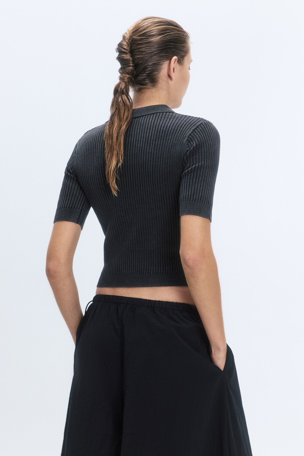 Джемпер-поло тонкой вязки в рубчик - цвет черный - 3