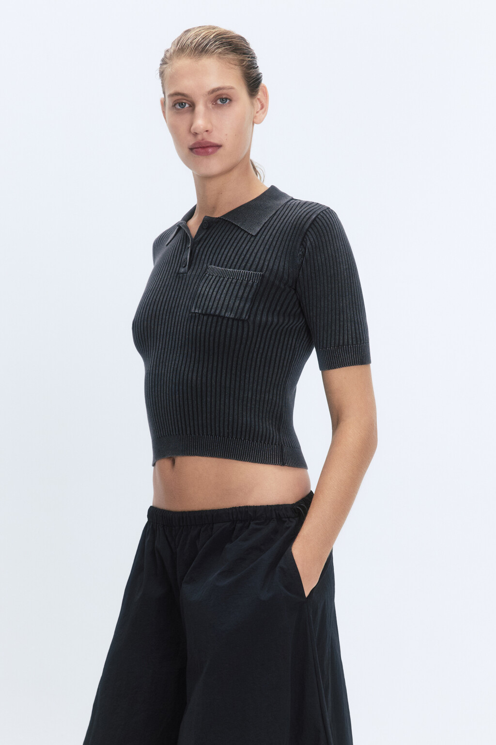 Джемпер-поло тонкой вязки в рубчик - цвет черный - 4