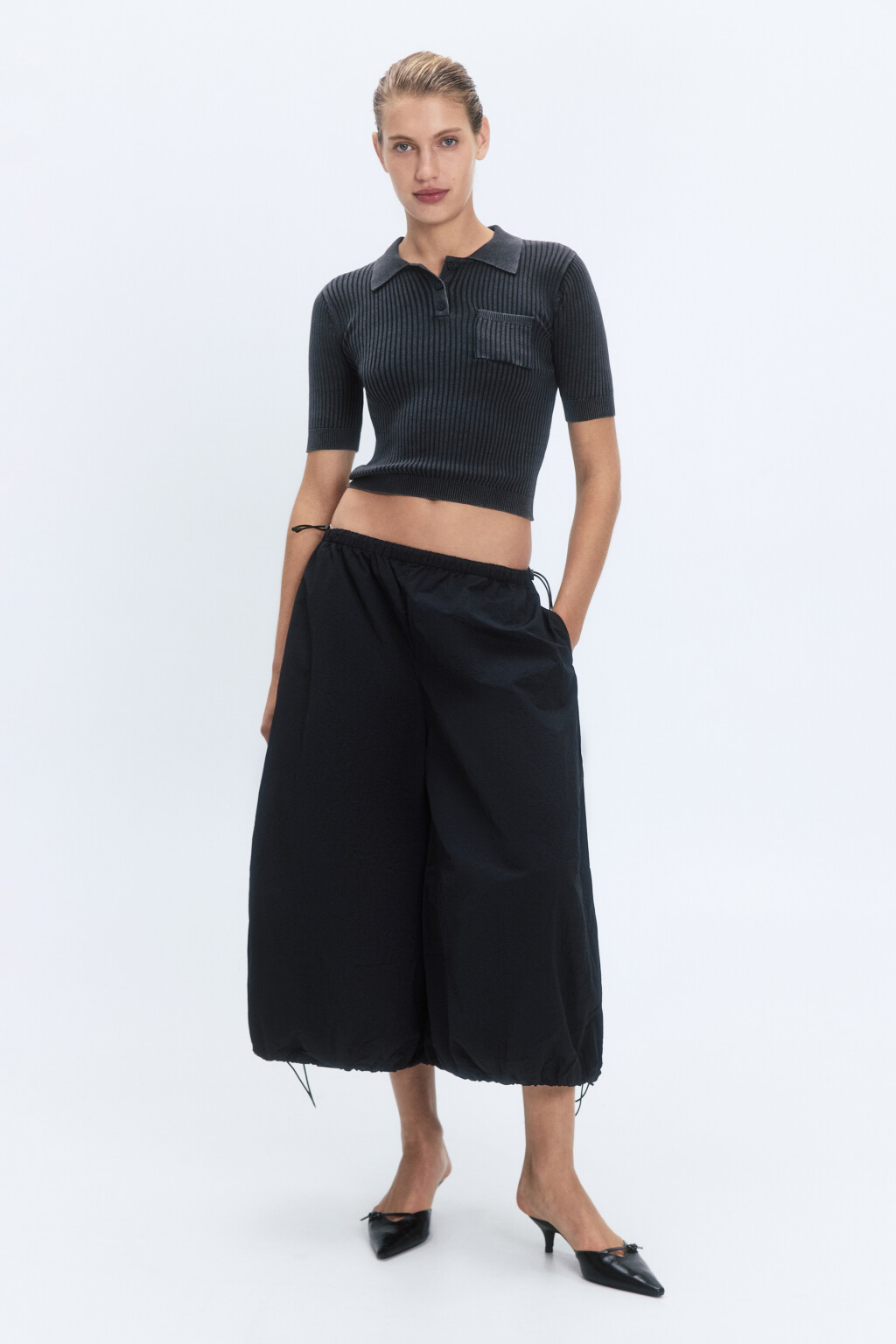 Джемпер-поло тонкой вязки в рубчик - цвет черный - 5