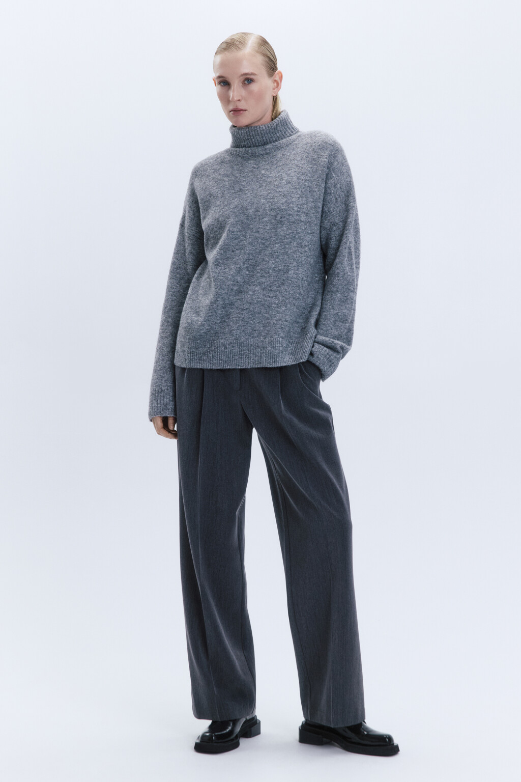 Свитер вязаный свободный с высоким воротником - цвет серый - 6