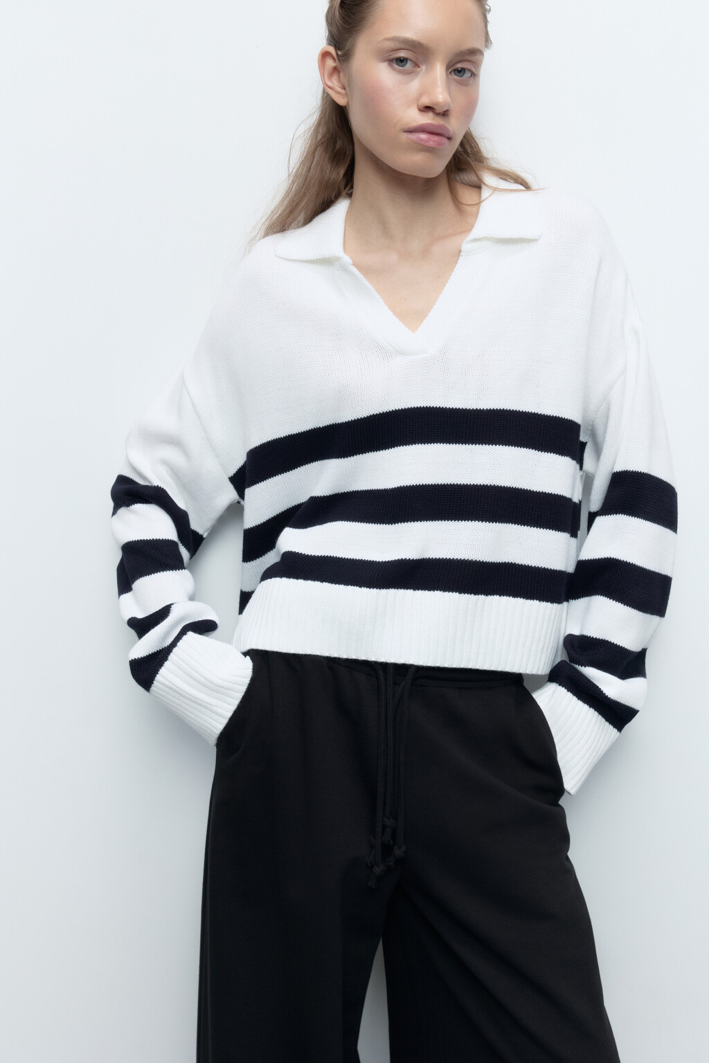 Джемпер вязаный в полоску с отложным воротником - цвет синий - 1