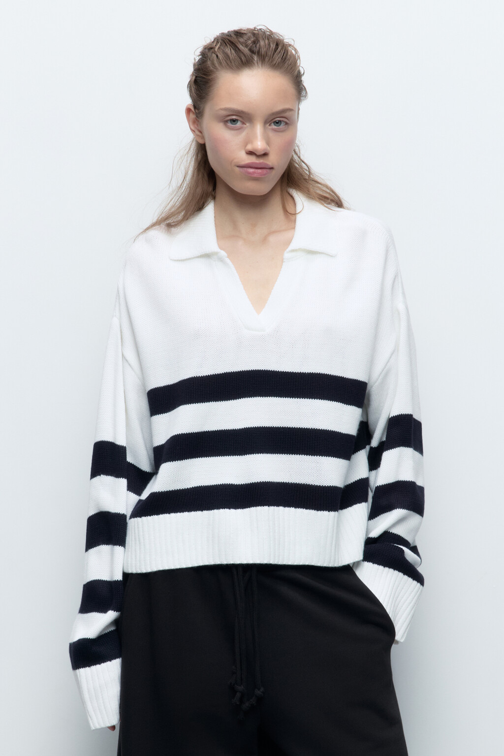 Джемпер вязаный в полоску с отложным воротником - цвет синий - 2