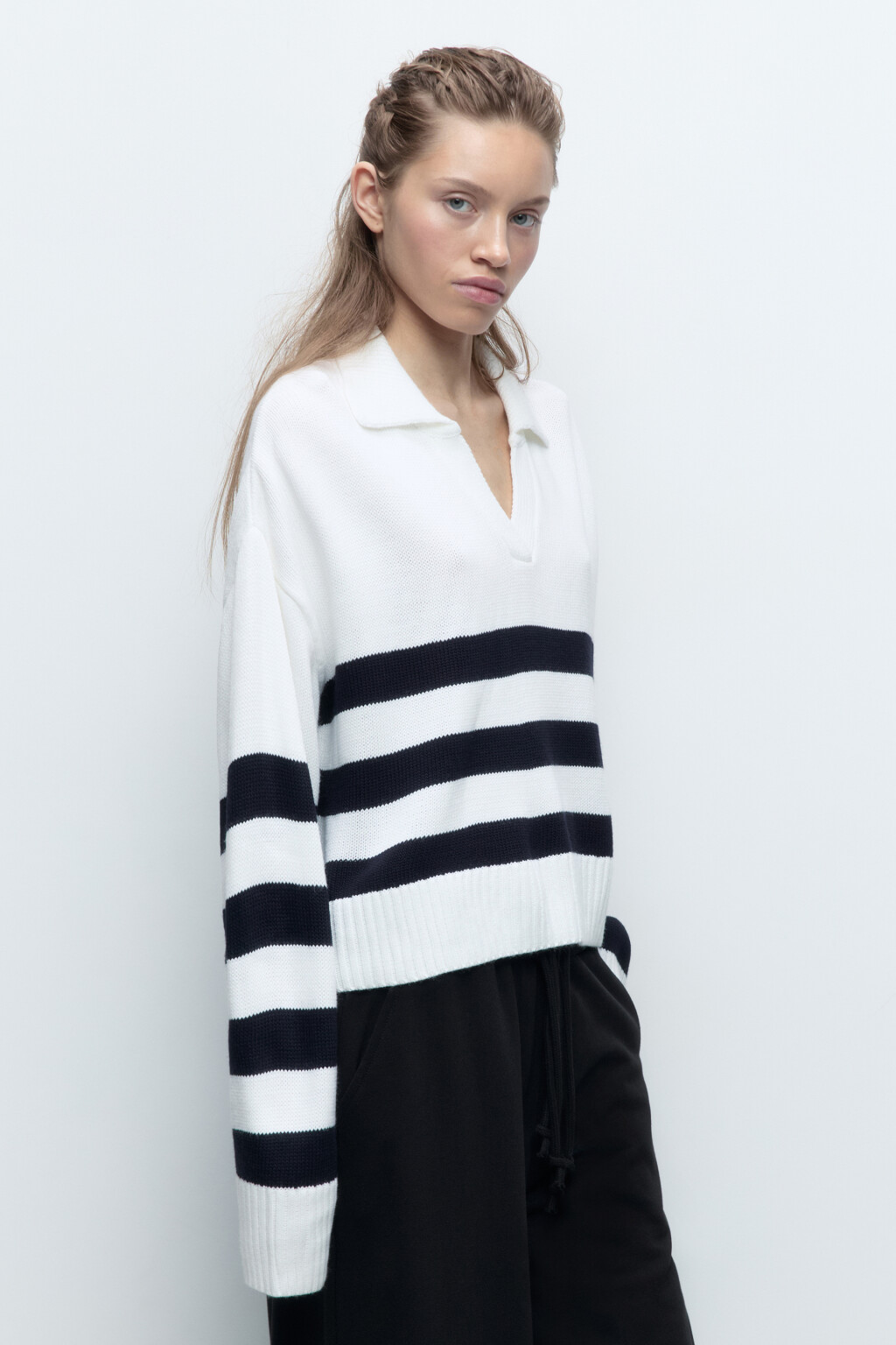 Джемпер вязаный в полоску с отложным воротником - цвет синий - 3