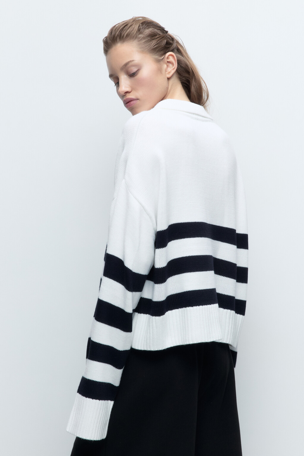 Джемпер вязаный в полоску с отложным воротником - цвет синий - 4