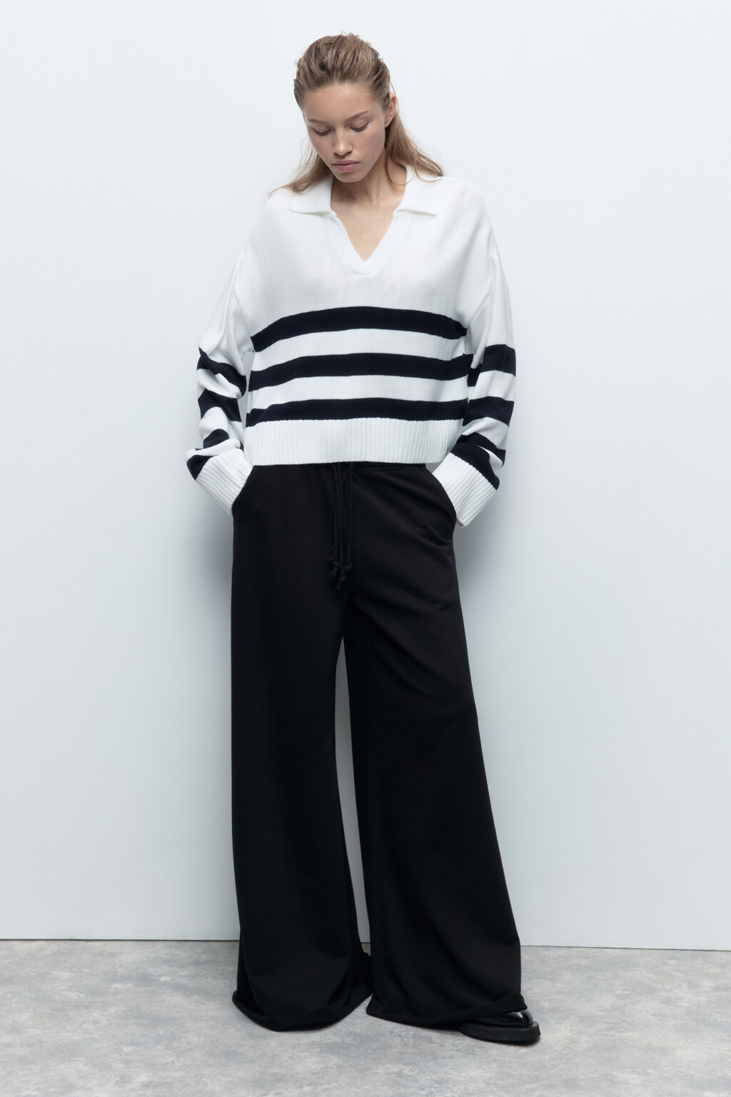 Джемпер вязаный в полоску с отложным воротником - цвет синий - 5