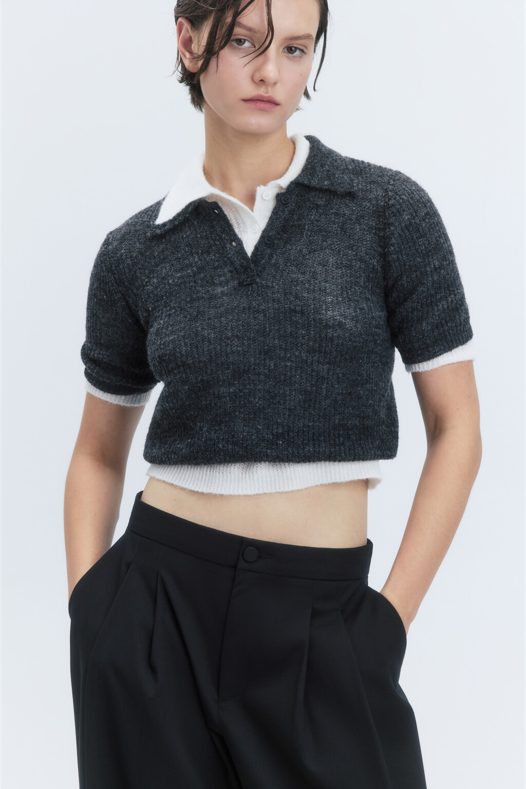 Футболка-поло укороченная вязаная с шерстью - цвет серый - 1