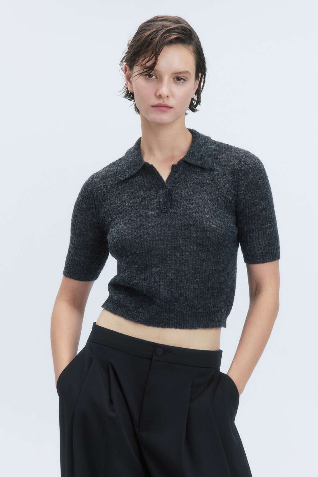 Футболка-поло укороченная вязаная с шерстью - цвет серый - 2