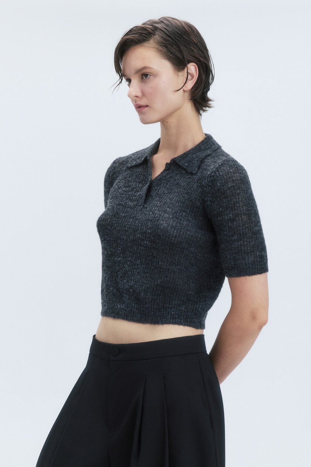 Футболка-поло укороченная вязаная с шерстью - цвет серый - 3