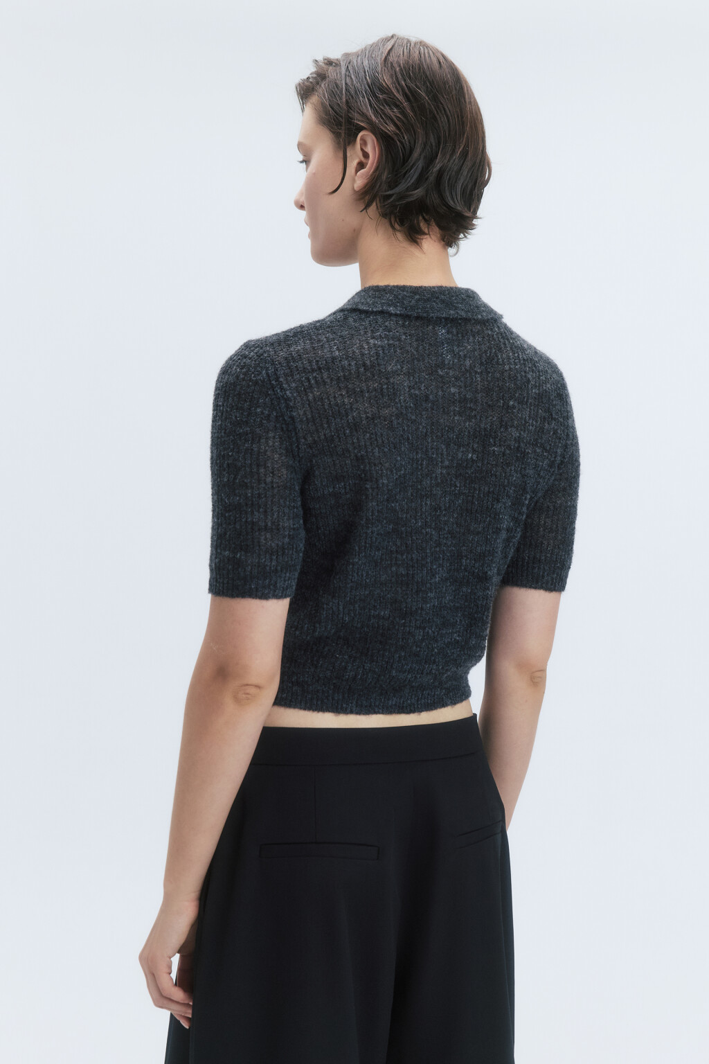 Футболка-поло укороченная вязаная с шерстью - цвет серый - 4
