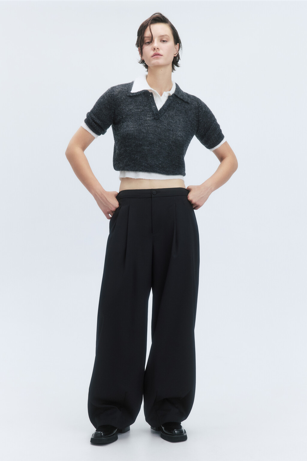 Футболка-поло укороченная вязаная с шерстью - цвет серый - 5