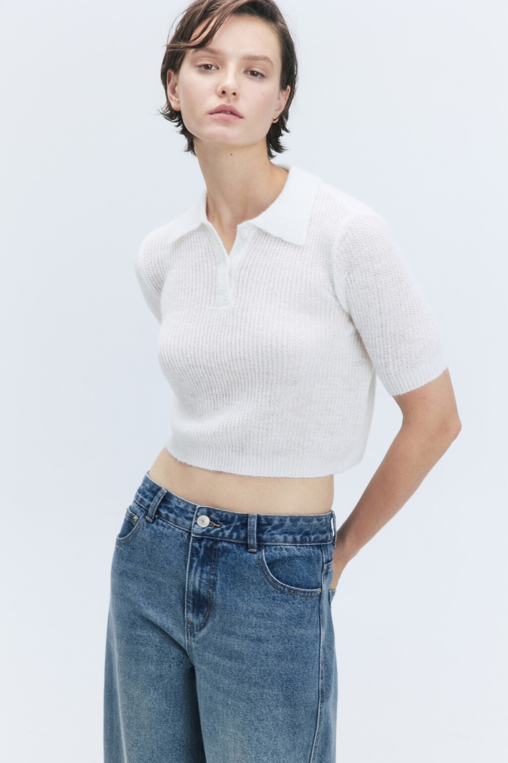 Футболка-поло укороченная вязаная с шерстью - цвет молочный - 1