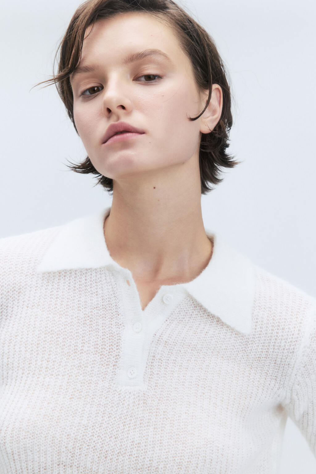 Футболка-поло укороченная вязаная с шерстью - цвет молочный - 2