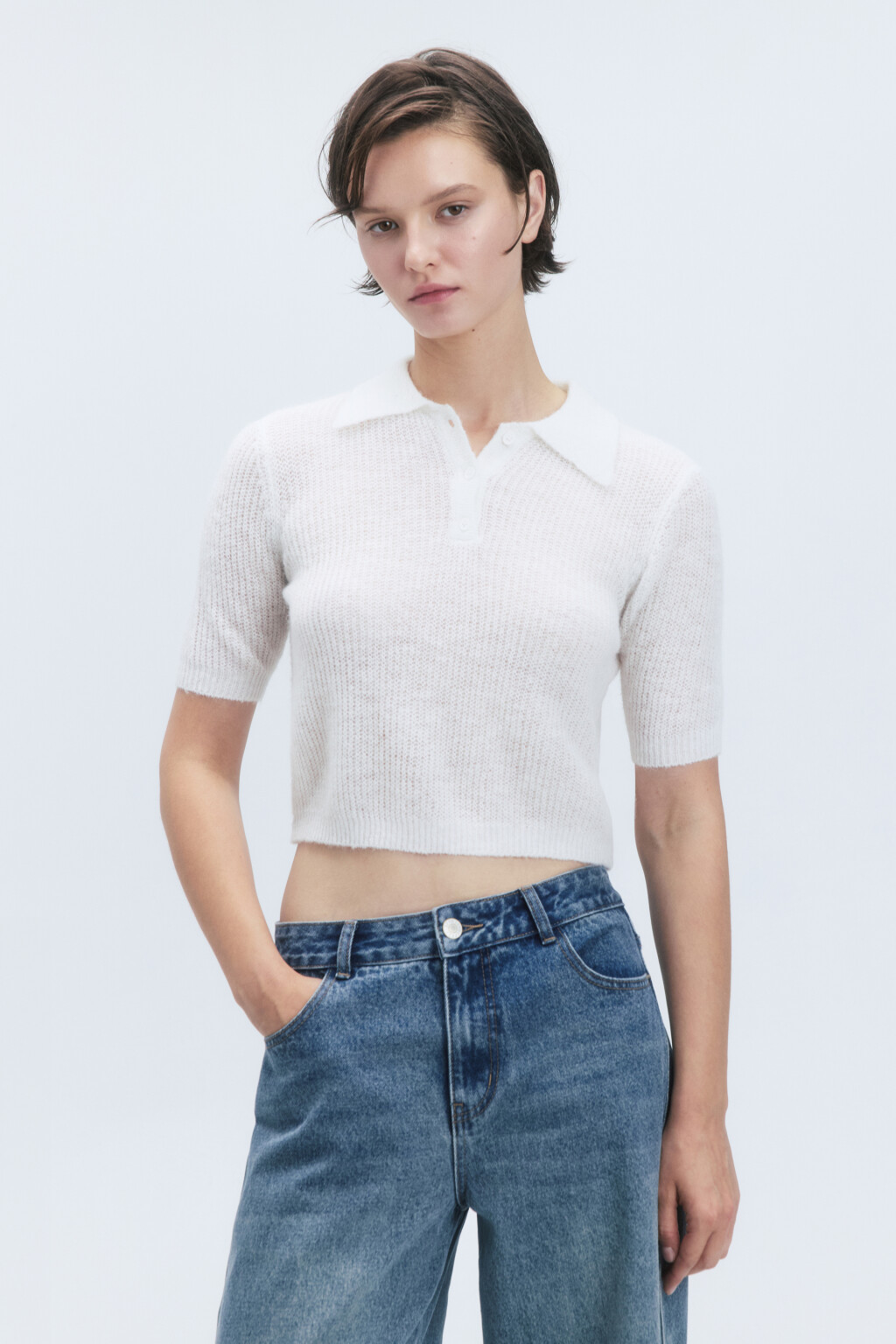 Футболка-поло укороченная вязаная с шерстью - цвет молочный - 3