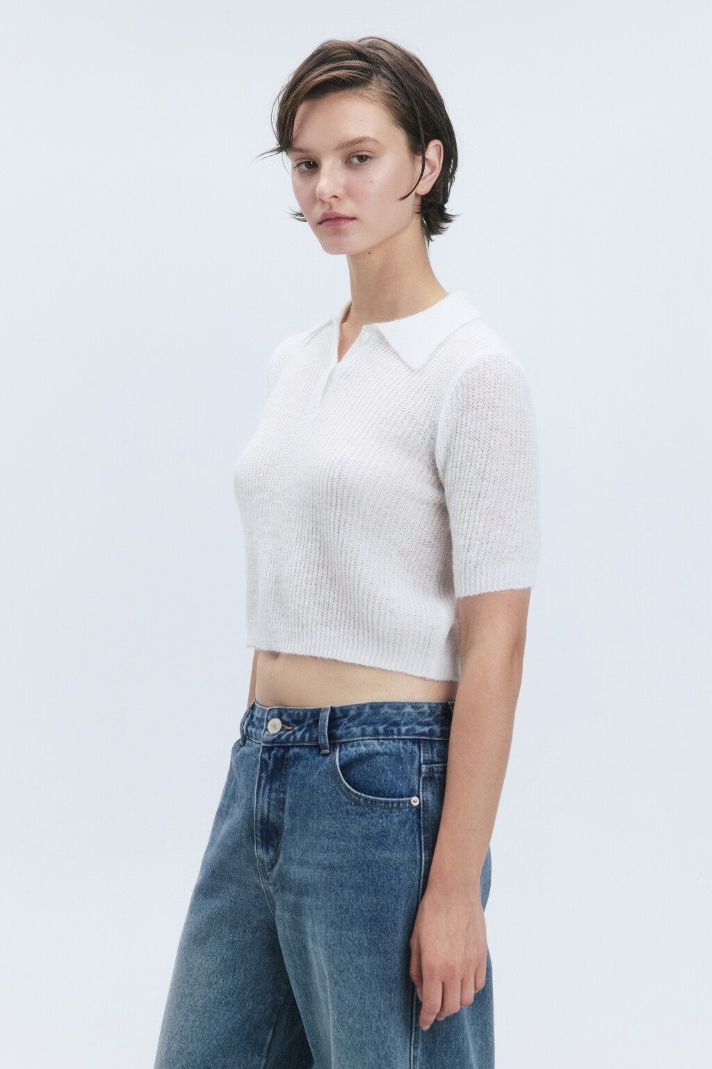 Футболка-поло укороченная вязаная с шерстью - цвет молочный - 4