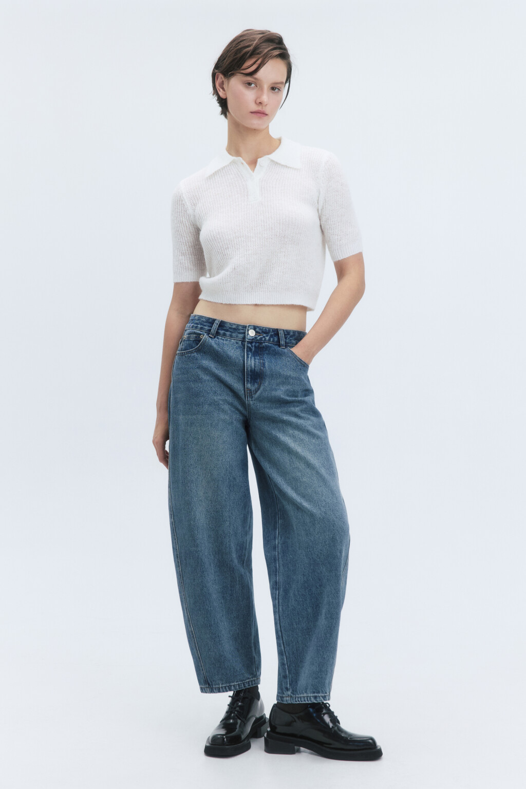 Футболка-поло укороченная вязаная с шерстью - цвет молочный - 6